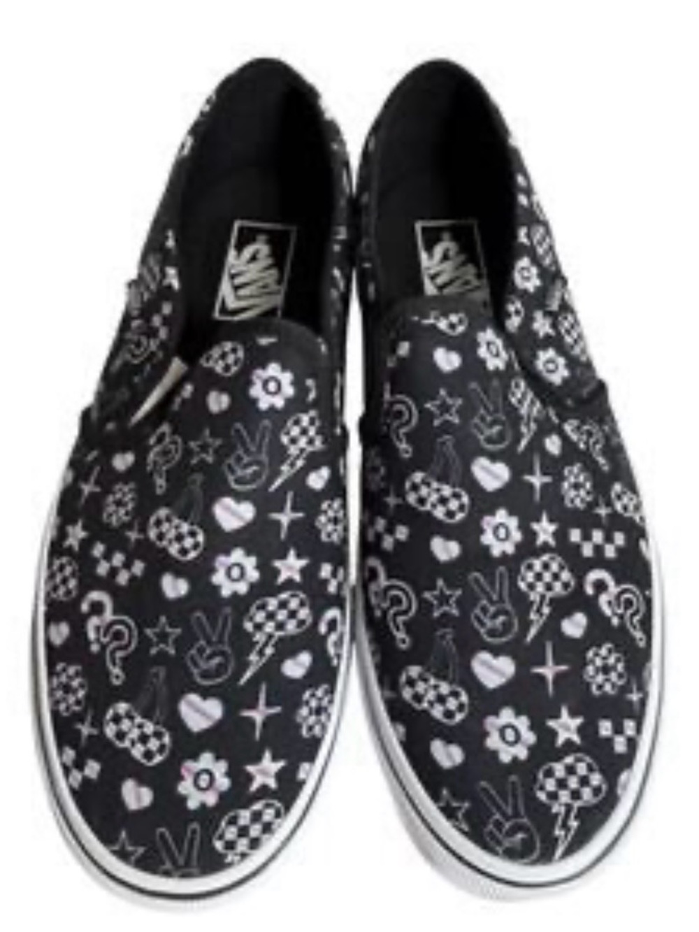 NEW VANS ASHER CLASSIC BLACK DOODLE Slip-On Sneaker WHITE PINK Icon Print SZ 8.5